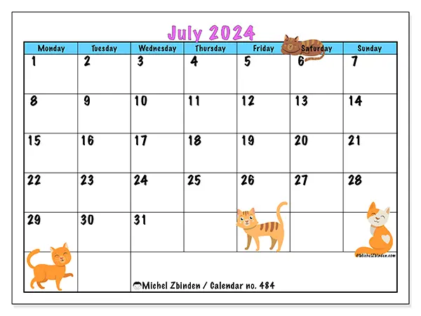 Free printable calendar no. 484 for July 2024. Week: Monday to Sunday.