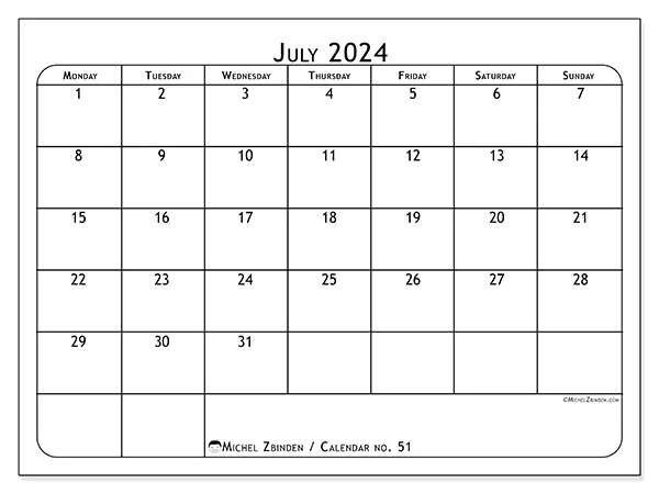 Free printable calendar no. 51 for July 2024. Week: Monday to Sunday.