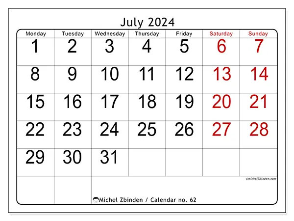 Free printable calendar no. 62 for July 2024. Week: Monday to Sunday.
