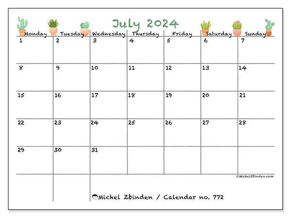 Printable calendar no. 772, July 2024