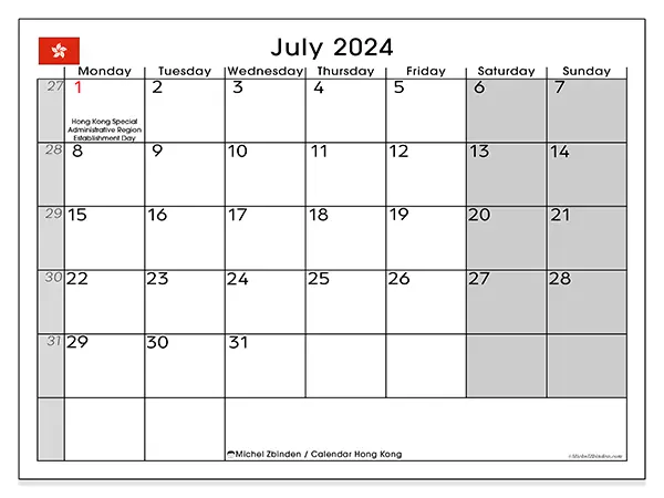 Free printable calendar Hong Kong for July 2024. Week: Monday to Sunday.