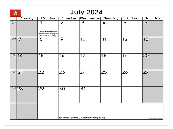 Free printable calendar Hong Kong for July 2024. Week: Sunday to Saturday.