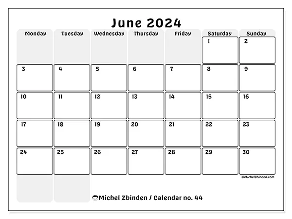 Free printable calendar n° 44 for June 2024. Week: Monday to Sunday.