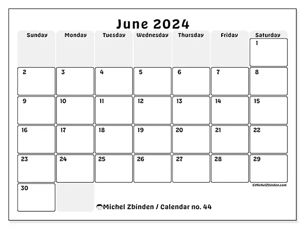 Free printable calendar n° 44 for June 2024. Week: Sunday to Saturday.