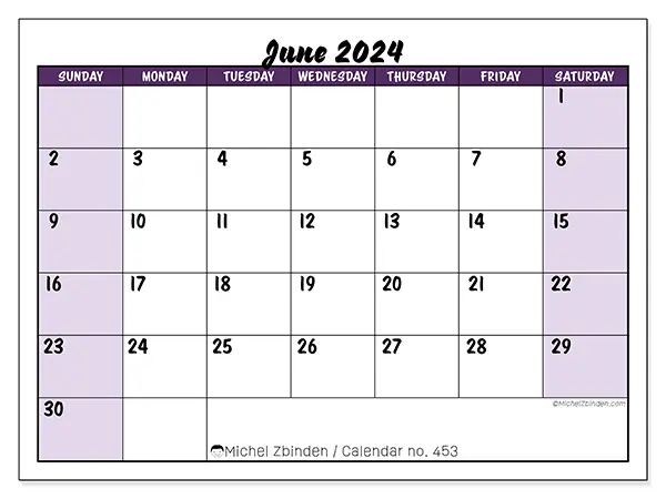 Free printable calendar n° 453 for June 2024. Week: Sunday to Saturday.