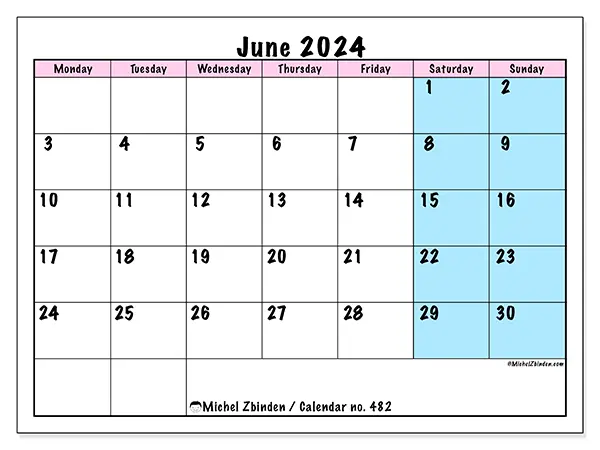 Free printable calendar no. 482 for June 2024. Week: Monday to Sunday.