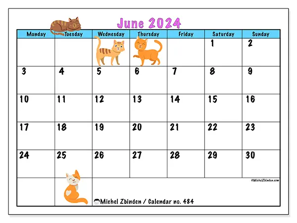 Free printable calendar no. 484 for June 2024. Week: Monday to Sunday.