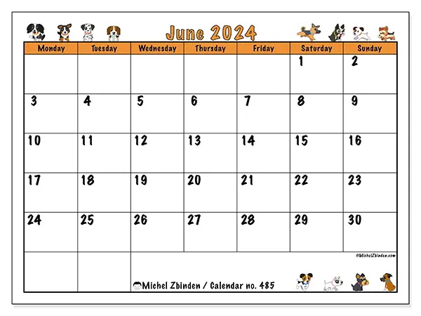 Free printable calendar no. 485 for June 2024. Week: Monday to Sunday.