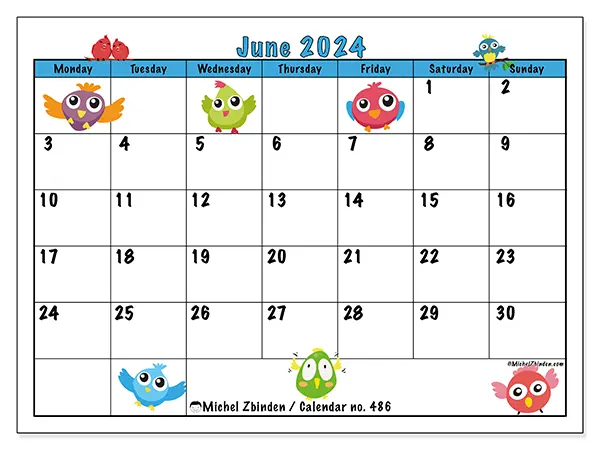 Free printable calendar no. 486 for June 2024. Week: Monday to Sunday.