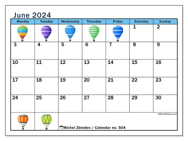 Free printable calendar no. 504 for June 2024. Week: Monday to Sunday.
