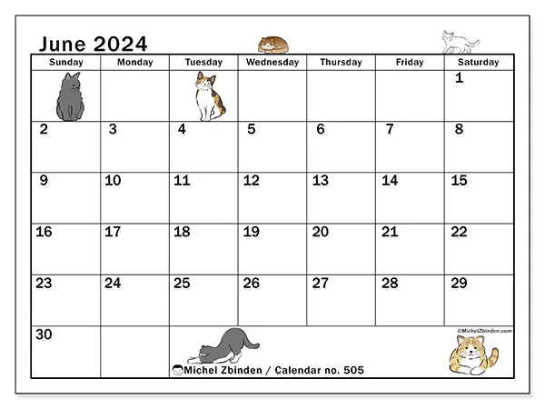 Free printable calendar no. 505 for June 2024. Week: Sunday to Saturday.