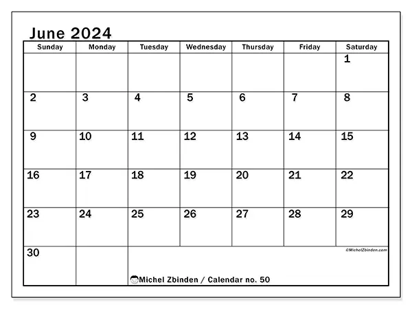 Free printable calendar no. 50 for June 2024. Week: Sunday to Saturday.