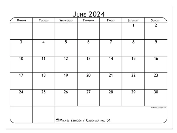Free printable calendar no. 51 for June 2024. Week: Monday to Sunday.