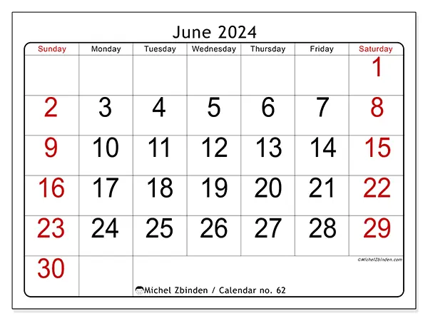 Free printable calendar no. 62 for June 2024. Week: Sunday to Saturday.