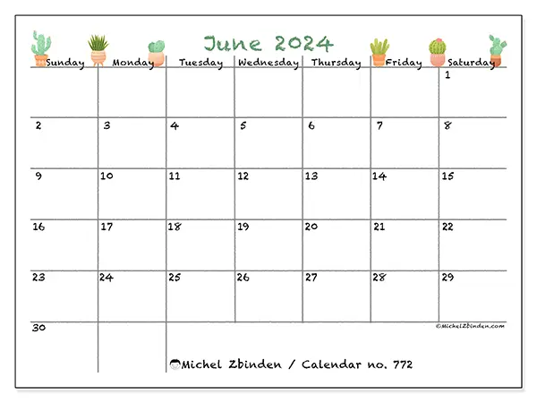 Free printable calendar no. 772 for June 2024. Week: Sunday to Saturday.