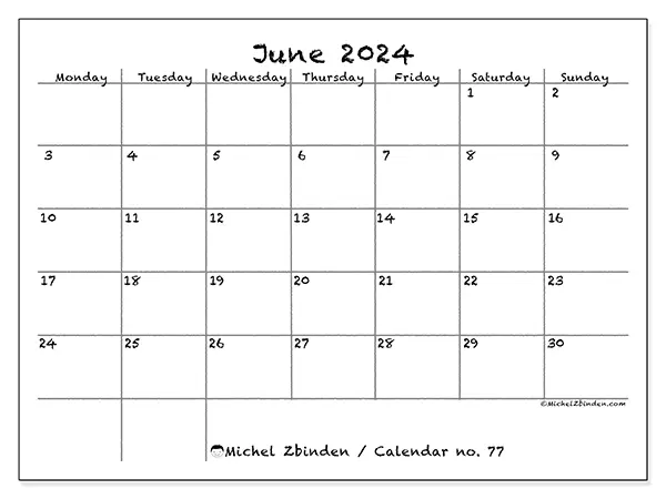 Free printable calendar no. 77 for June 2024. Week: Monday to Sunday.