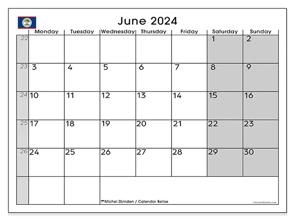Free printable calendar Belize for June 2024. Week: Monday to Sunday.