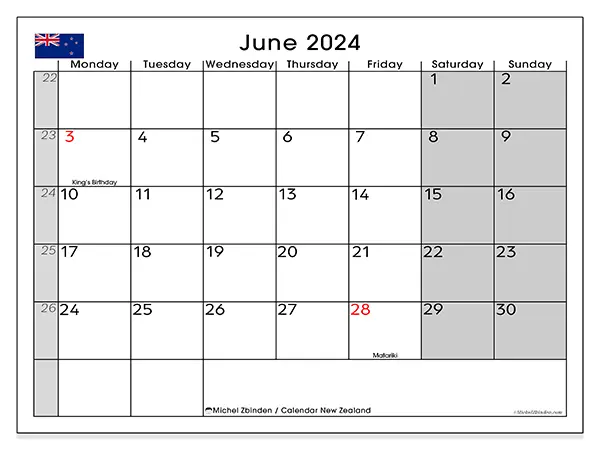 Free printable calendar New Zealand for June 2024. Week: Monday to Sunday.