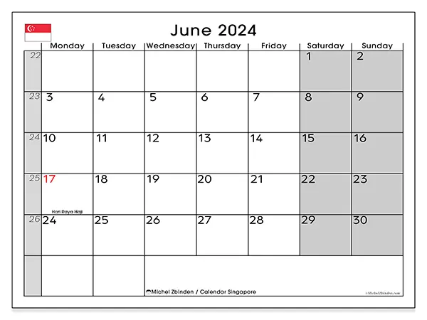 Free printable calendar Singapore for June 2024. Week: Monday to Sunday.
