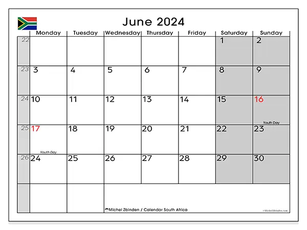 Free printable calendar South Africa for June 2024. Week: Monday to Sunday.