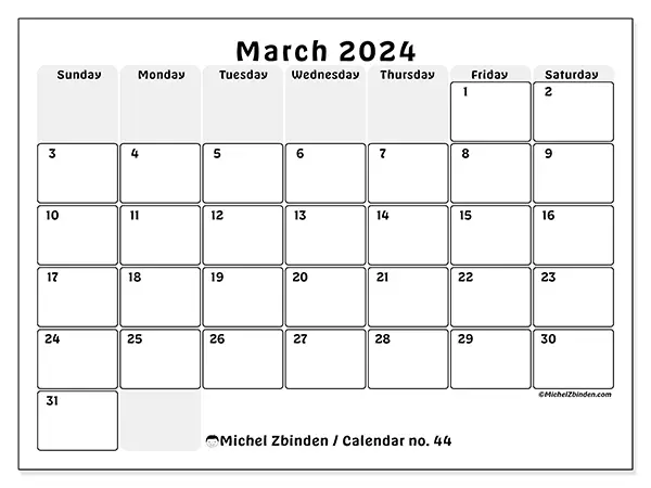 Free printable calendar n° 44, March 2025. Week:  Sunday to Saturday