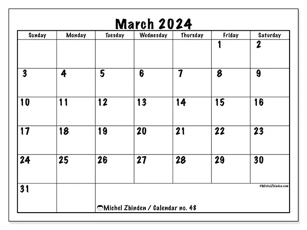 Free printable calendar no. 48, March 2025. Week:  Sunday to Saturday