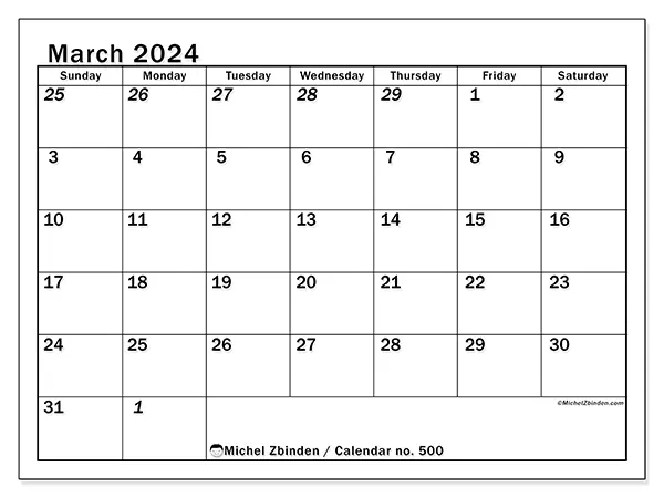 Free printable calendar no. 500, March 2025. Week:  Sunday to Saturday