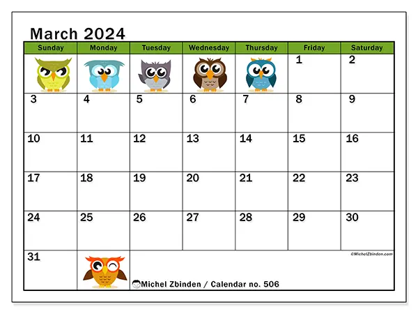 Free printable calendar no. 506, March 2025. Week:  Sunday to Saturday