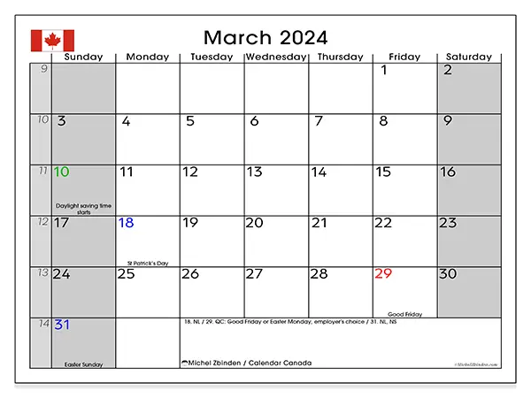 Free printable calendar Canada, March 2025. Week:  Sunday to Saturday