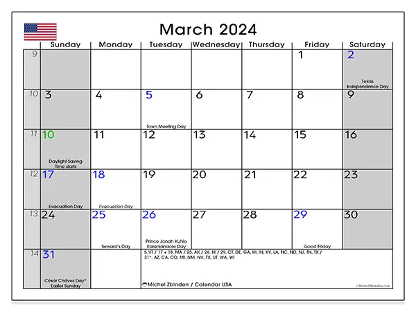 Free printable calendar USA, March 2025. Week:  Sunday to Saturday