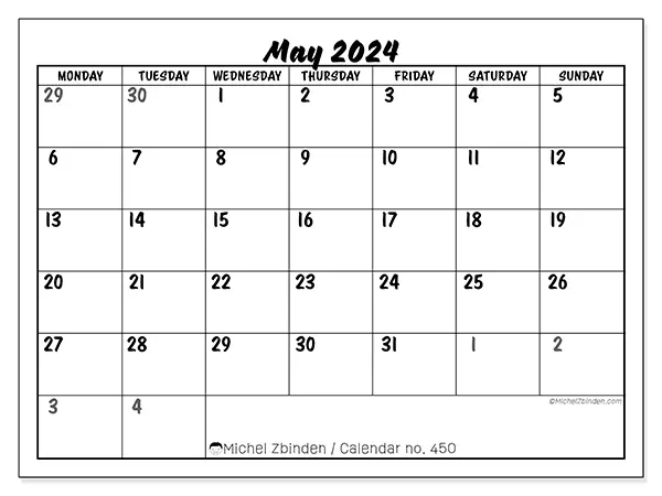 Free printable calendar n° 450 for May 2024. Week: Monday to Sunday.