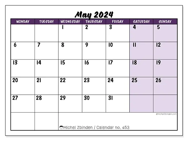 Free printable calendar n° 453 for May 2024. Week: Monday to Sunday.