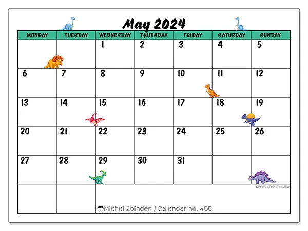 Free printable calendar n° 455 for May 2024. Week: Monday to Sunday.