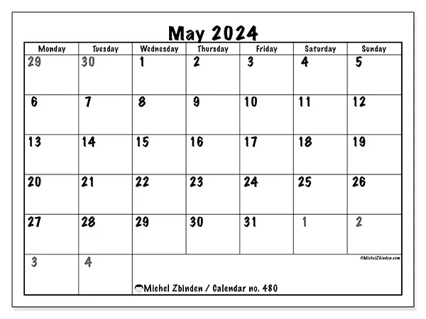 Free printable calendar no. 480 for May 2024. Week: Monday to Sunday.