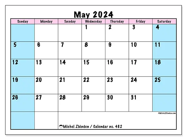 Free printable calendar no. 482 for May 2024. Week: Sunday to Saturday.