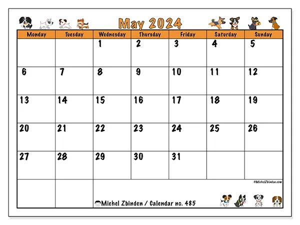 Free printable calendar no. 485 for May 2024. Week: Monday to Sunday.