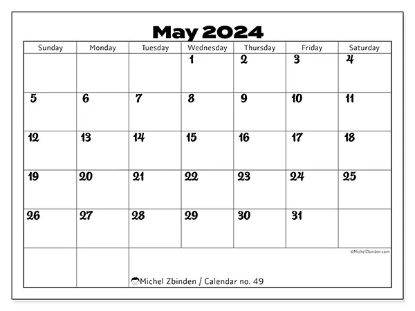 Free printable calendar no. 49 for May 2024. Week: Sunday to Saturday.