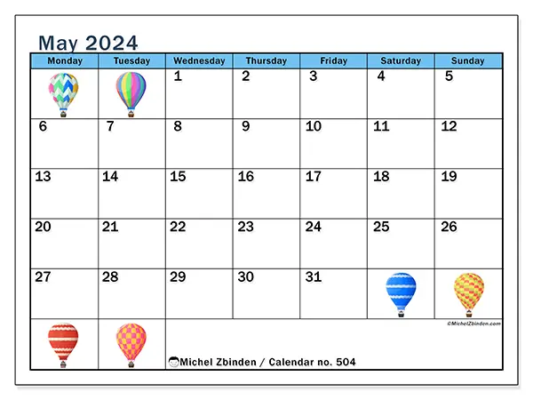 Free printable calendar no. 504 for May 2024. Week: Monday to Sunday.