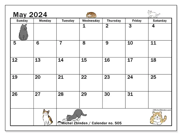 Free printable calendar no. 505 for May 2024. Week: Sunday to Saturday.