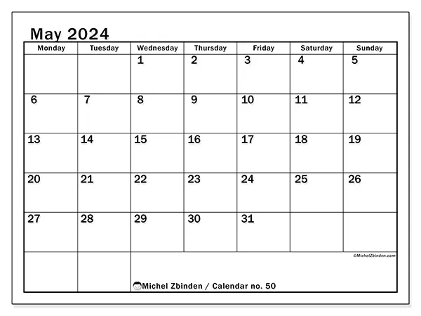Free printable calendar no. 50 for May 2024. Week: Monday to Sunday.