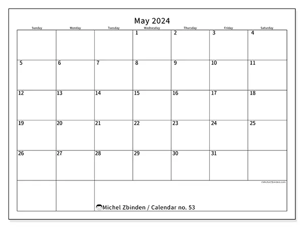 Free printable calendar no. 53 for May 2024. Week: Sunday to Saturday.