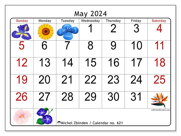 Free printable calendar no. 621 for May 2024. Week: Sunday to Saturday.