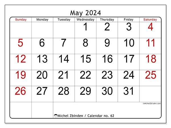 Free printable calendar no. 62 for May 2024. Week: Sunday to Saturday.