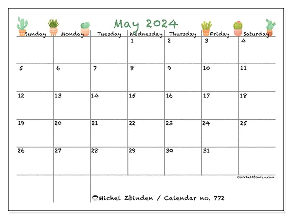Free printable calendar no. 772 for May 2024. Week: Sunday to Saturday.