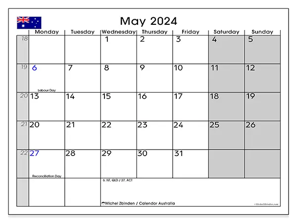 Free printable calendar Australia for May 2024. Week: Monday to Sunday.