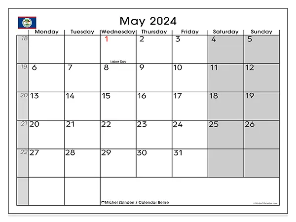 Free printable calendar Belize for May 2024. Week: Monday to Sunday.