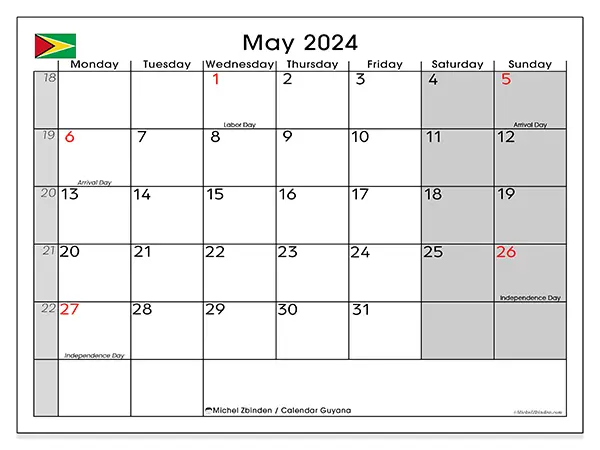 Free printable calendar Guyana for May 2024. Week: Monday to Sunday.