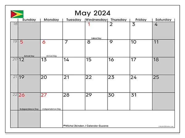 Free printable calendar Guyana for May 2024. Week: Sunday to Saturday.