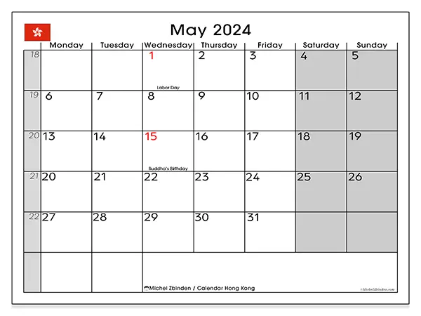 Free printable calendar Hong Kong for May 2024. Week: Monday to Sunday.
