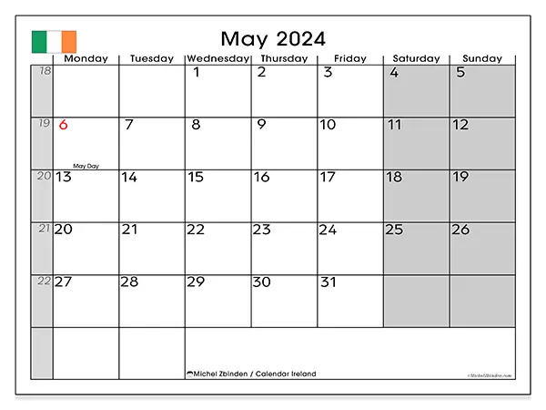 Free printable calendar Ireland for May 2024. Week: Monday to Sunday.